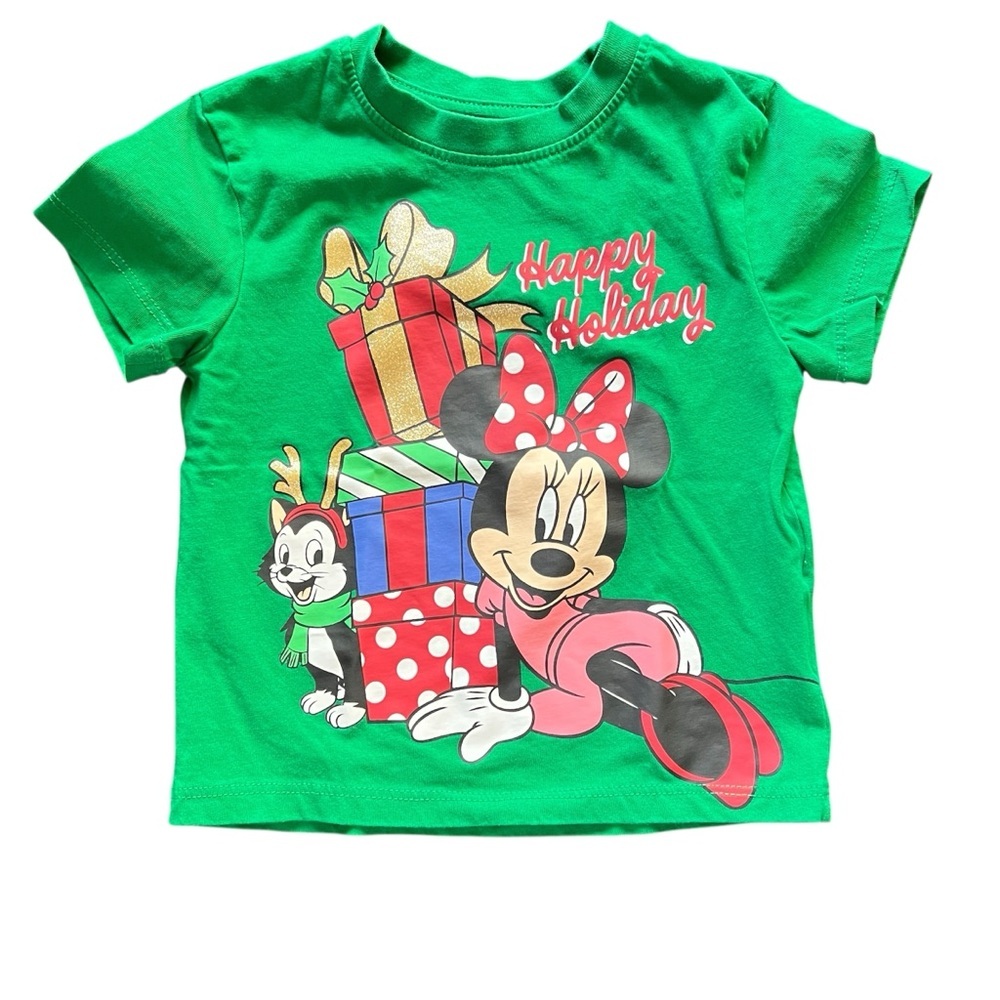 H&M Minnie Mouse & Figaro Happy Holidays Christmas Green Graphic T Shirt Size 2T